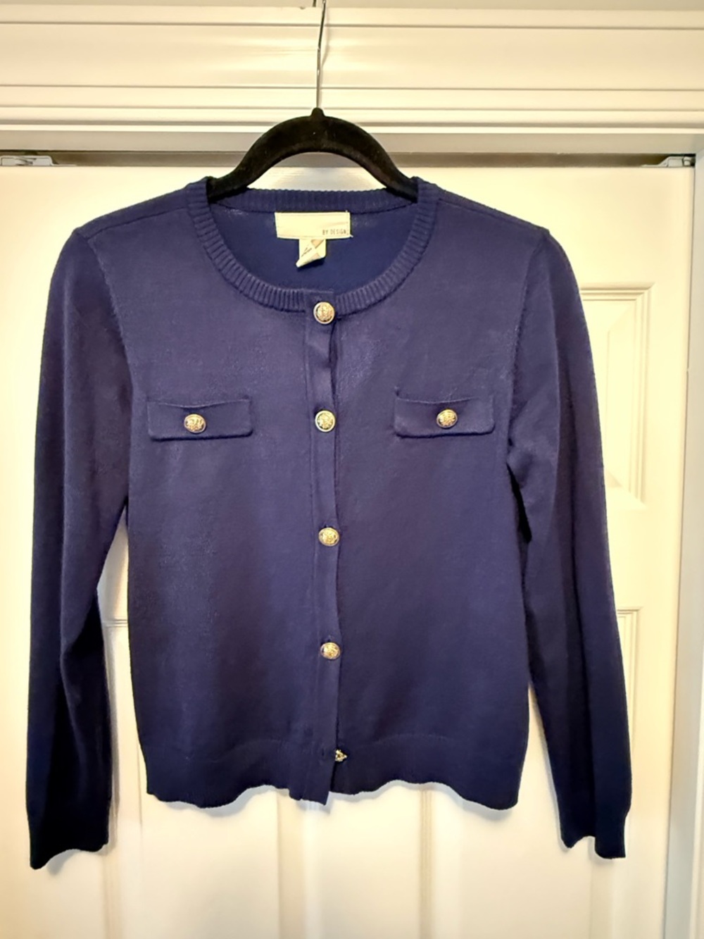 Women's Navy Crewneck Button-Front Sweater with Chest Pockets - Picture 3 of 5